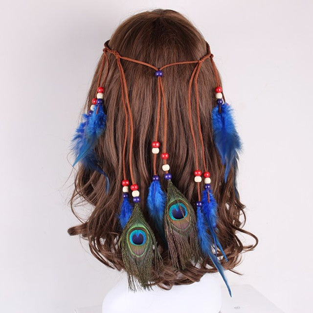 Peacock feather leather rope pendant hair ornament