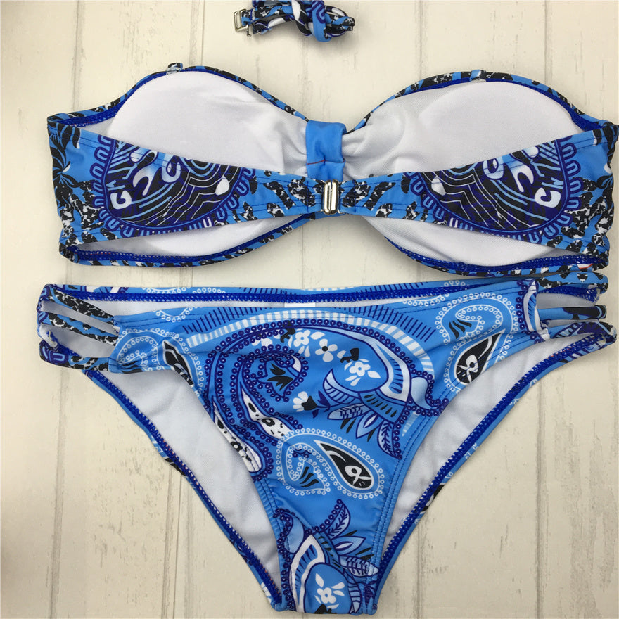 sexy white bikini blue bandeau print bikini halter Swimsuit Padded Bra Swimwear Vintage Bathing Suit maillot de bain femme