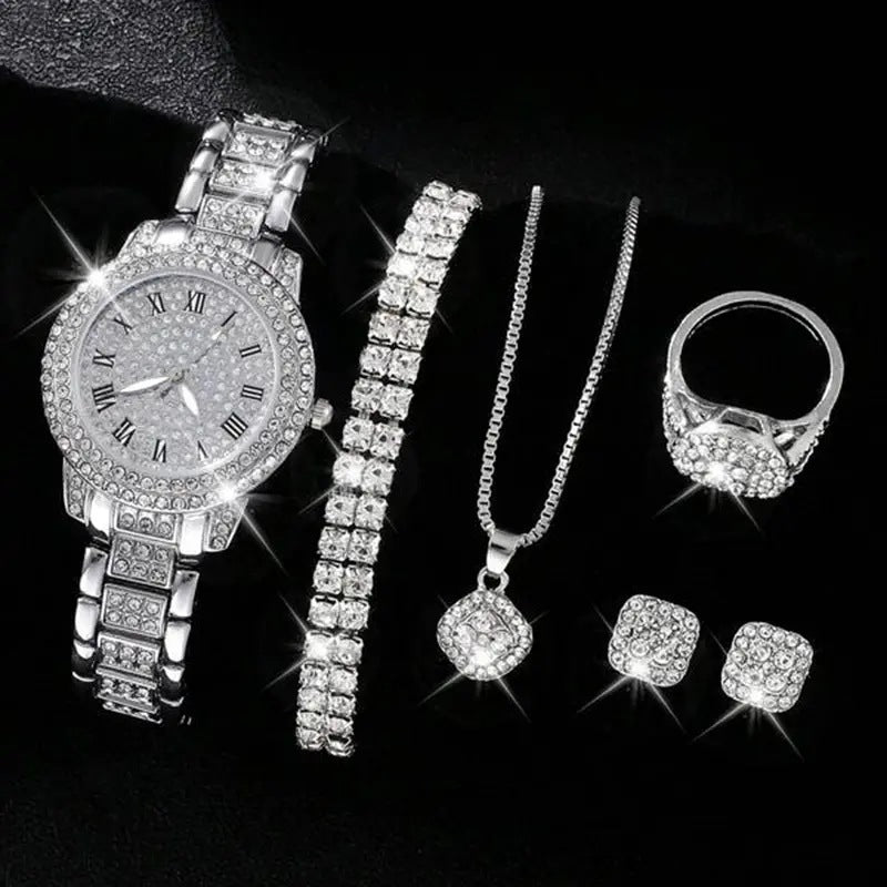 Damen Diamant Mode römische Quarzuhr fünfteiliges Set