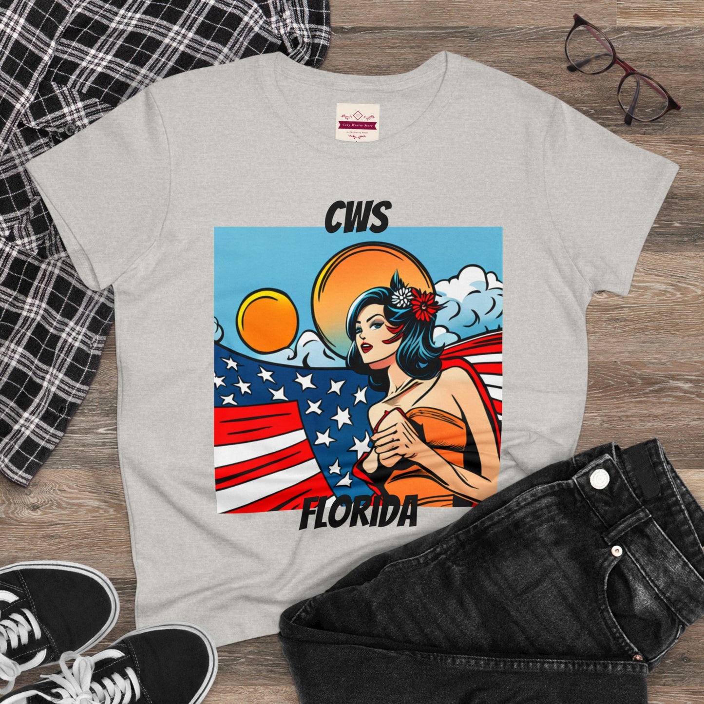 CWS Damen-T-Shirt aus mittelschwerer Baumwolle mit USA-Flagge von Cozy Winter Store (Versand nur innerhalb der USA)