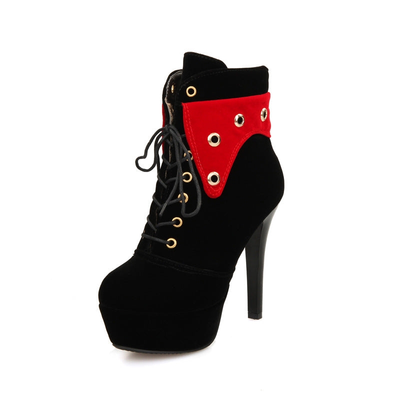 Round head waterproof platform stiletto super high heel lace ladies ankle boots