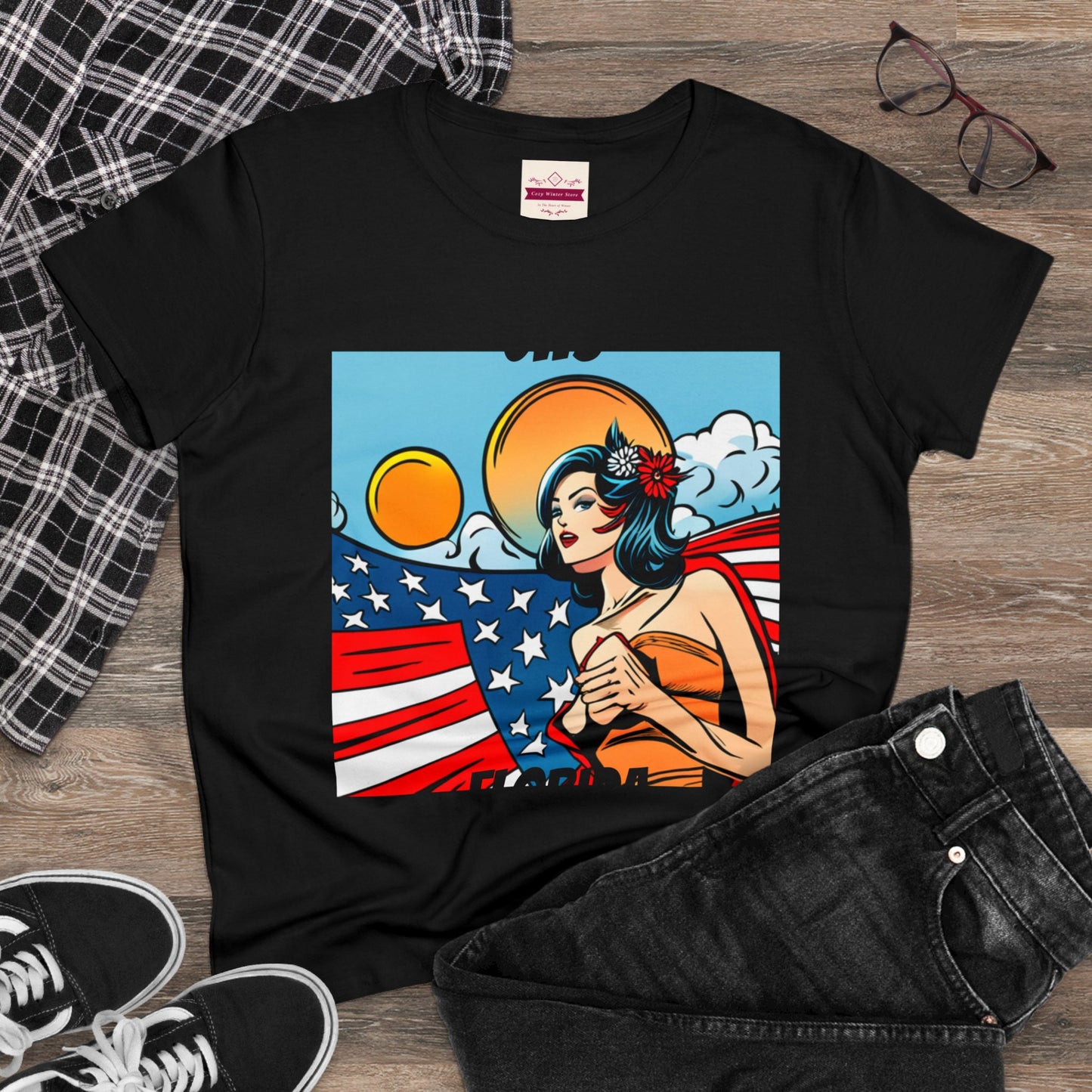 CWS Damen-T-Shirt aus mittelschwerer Baumwolle mit USA-Flagge von Cozy Winter Store (Versand nur innerhalb der USA)