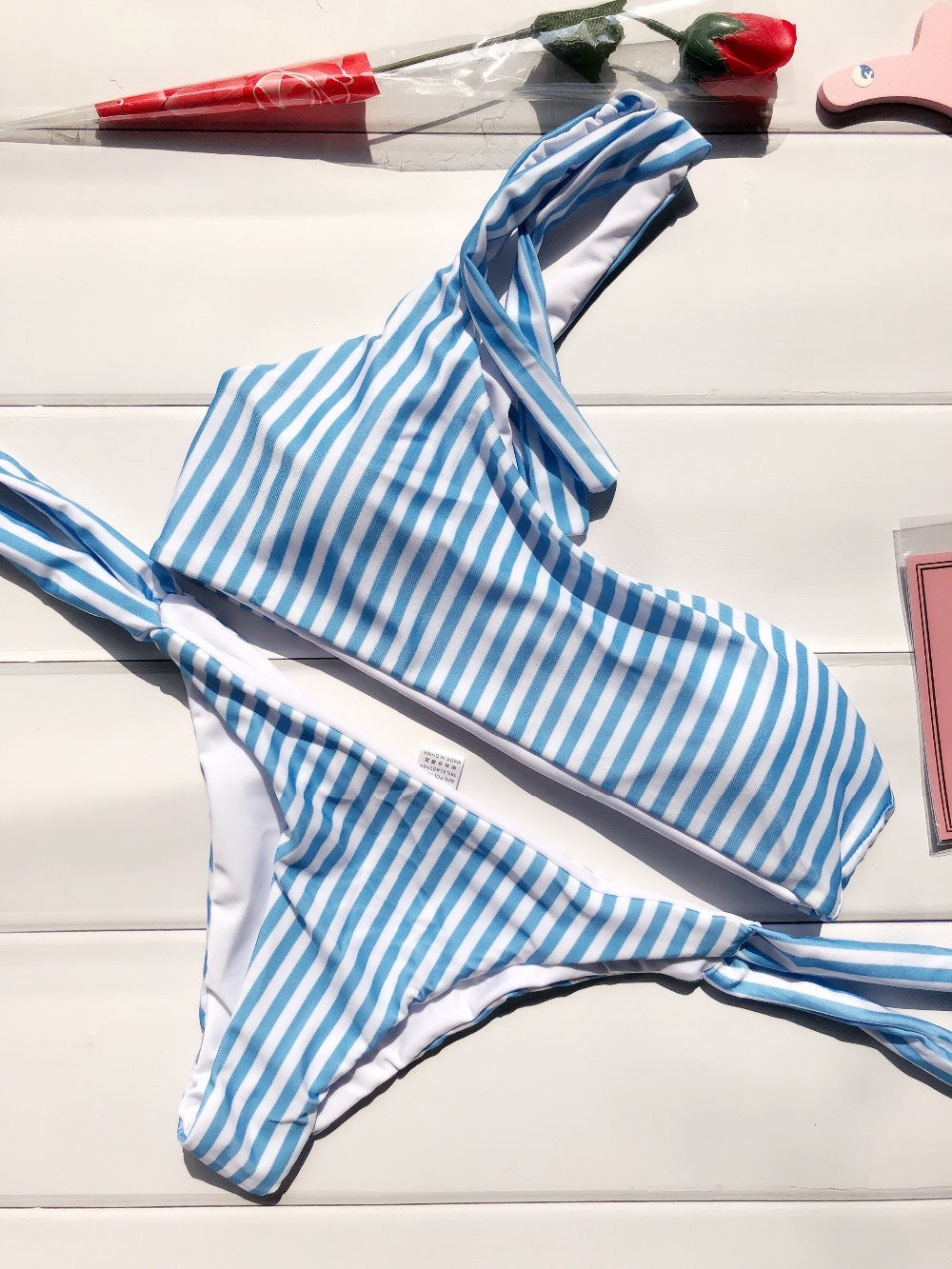 Striped slanted shoulder strap blue bikini split swimsuit two-piece suit