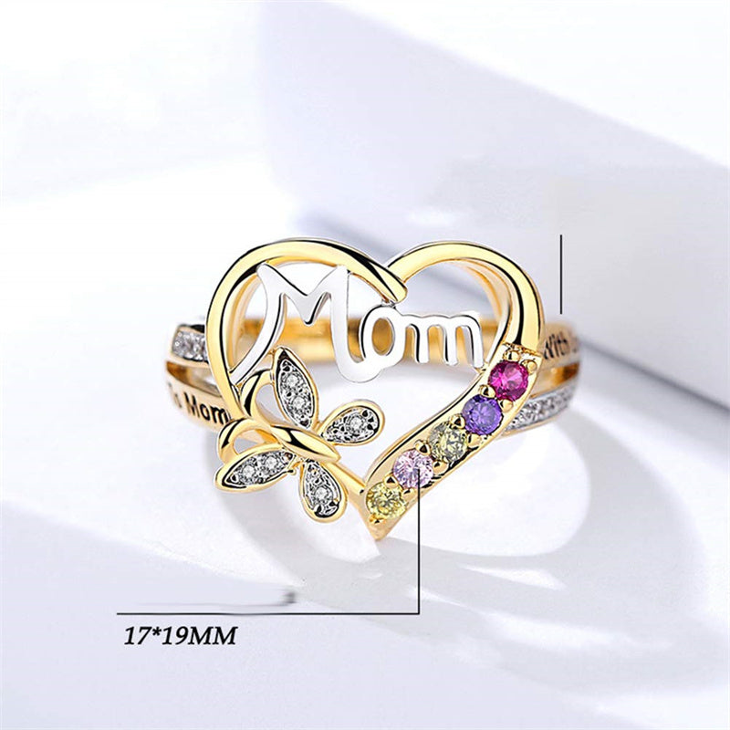 Muttertagsgeschenk Hohles Herz Englischer Buchstabe Love Mom Strass Schmetterling Fingerring Schmuck Geschenk