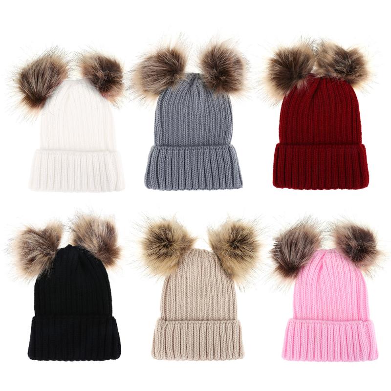 Parent-child Caps Cute Infant Baby Pompon Winter Hat Double Fur Ball Hat Mother Kids Warm Knitted Hat Newborn Beanie Cap