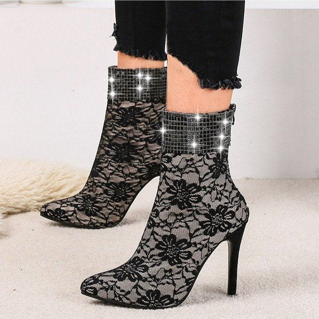 Lace mesh fine-heeled medium boots women