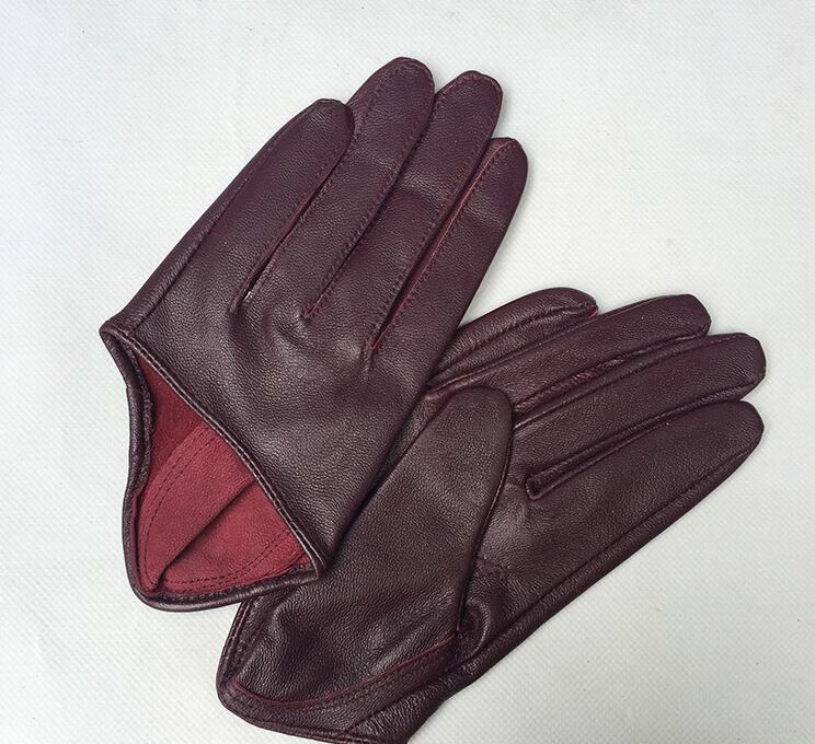 Damenhandschuhe aus natürlichem Schaffellleder in fester rosa Farbe mit halber Handfläche, weibliches echtes Leder, modischer kurzer Autofahrerhandschuh