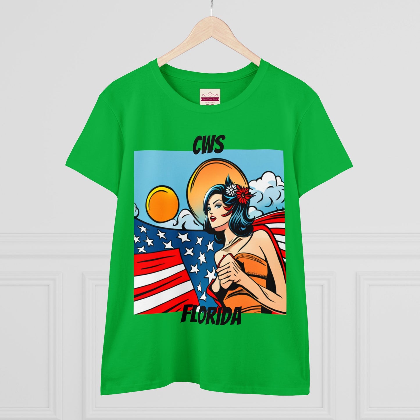 CWS Damen-T-Shirt aus mittelschwerer Baumwolle mit USA-Flagge von Cozy Winter Store (Versand nur innerhalb der USA)