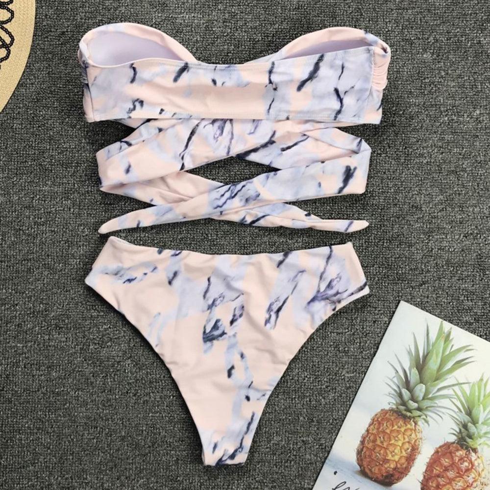 Sexy gathered bandage high waist ladies bikini split swimsuit