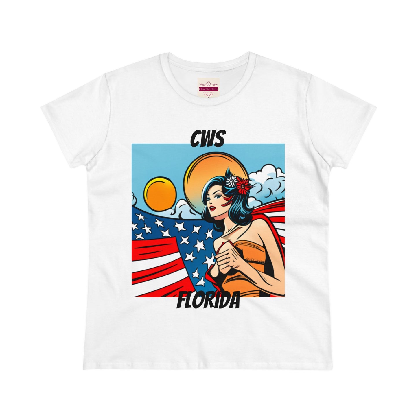 CWS Damen-T-Shirt aus mittelschwerer Baumwolle mit USA-Flagge von Cozy Winter Store (Versand nur innerhalb der USA)