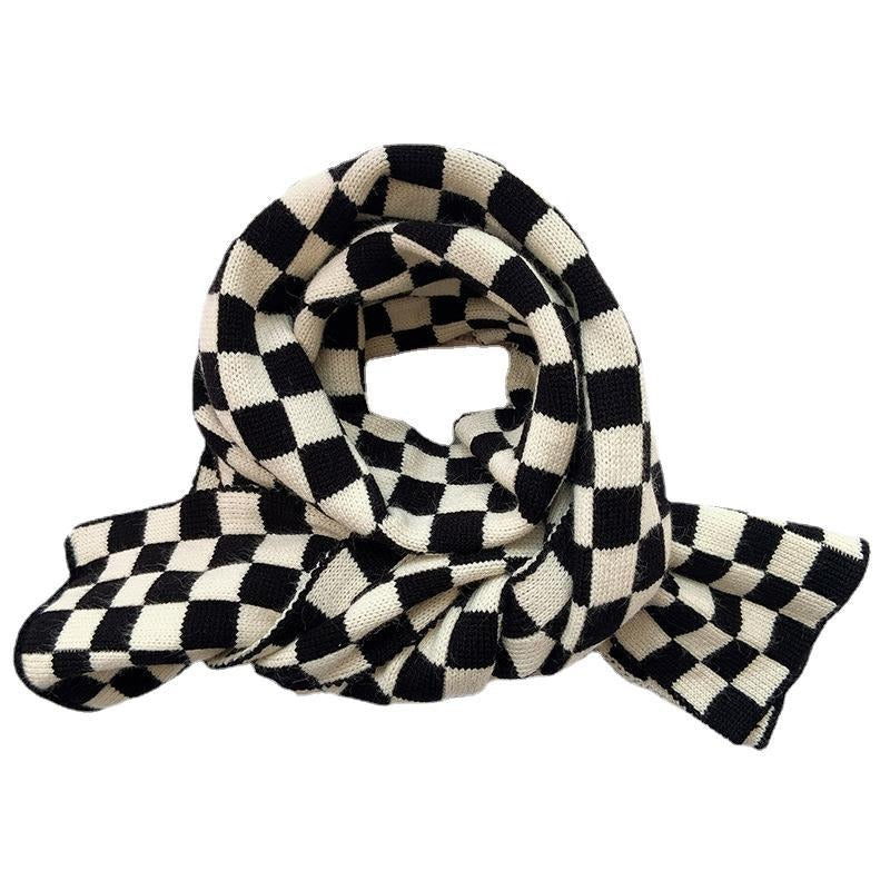 Checkerboard plaid knitted scarf for women autumn and winter black and white plaid scarf