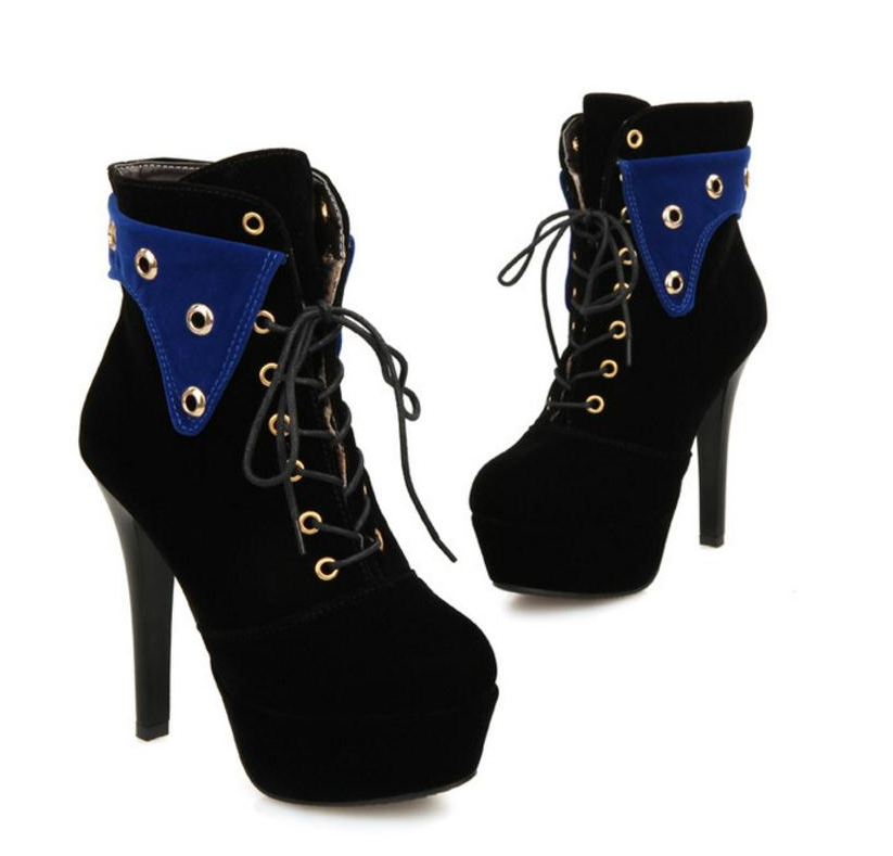 Round head waterproof platform stiletto super high heel lace ladies ankle boots