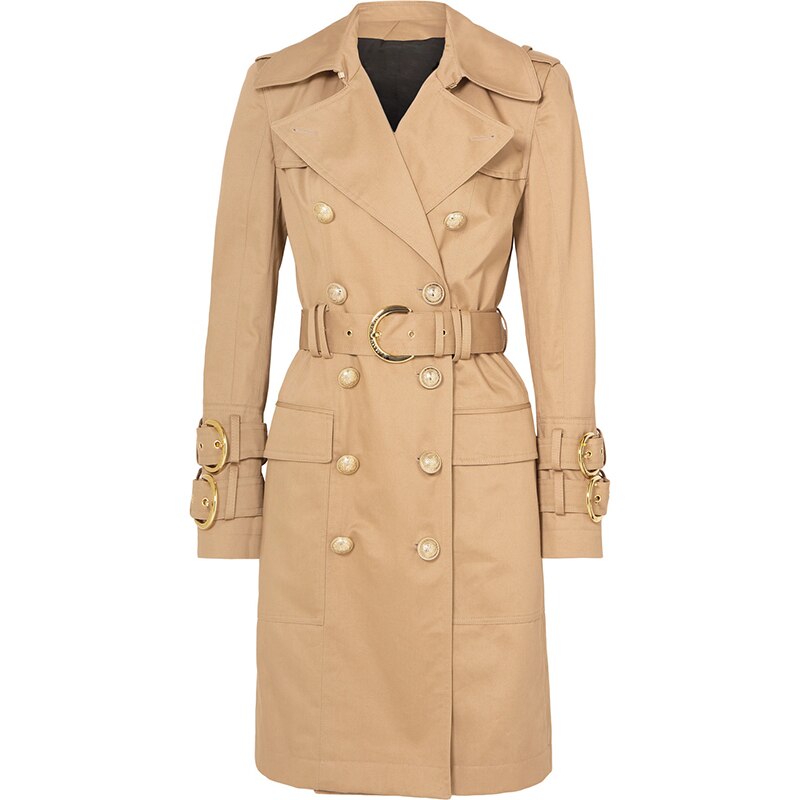 BeltedElegance: Langer, zweireihiger Trenchcoat mit Schnalle und Gürtel für einen zeitlosen und eleganten Look.