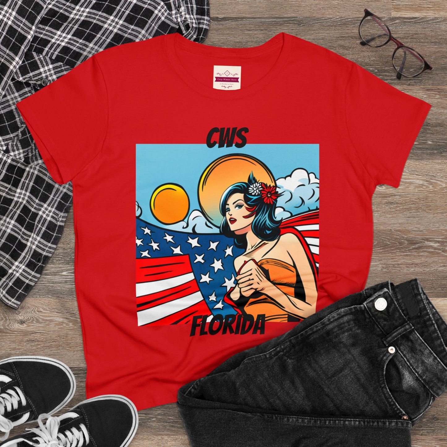 CWS Damen-T-Shirt aus mittelschwerer Baumwolle mit USA-Flagge von Cozy Winter Store (Versand nur innerhalb der USA)