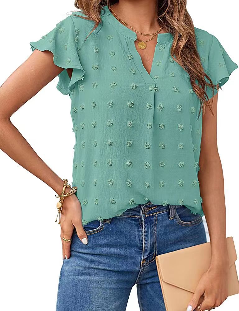 Breezy Charm: Women's Summer V Neck Ruffle Short Sleeve Blouse - Dot Flowy Shirt Top