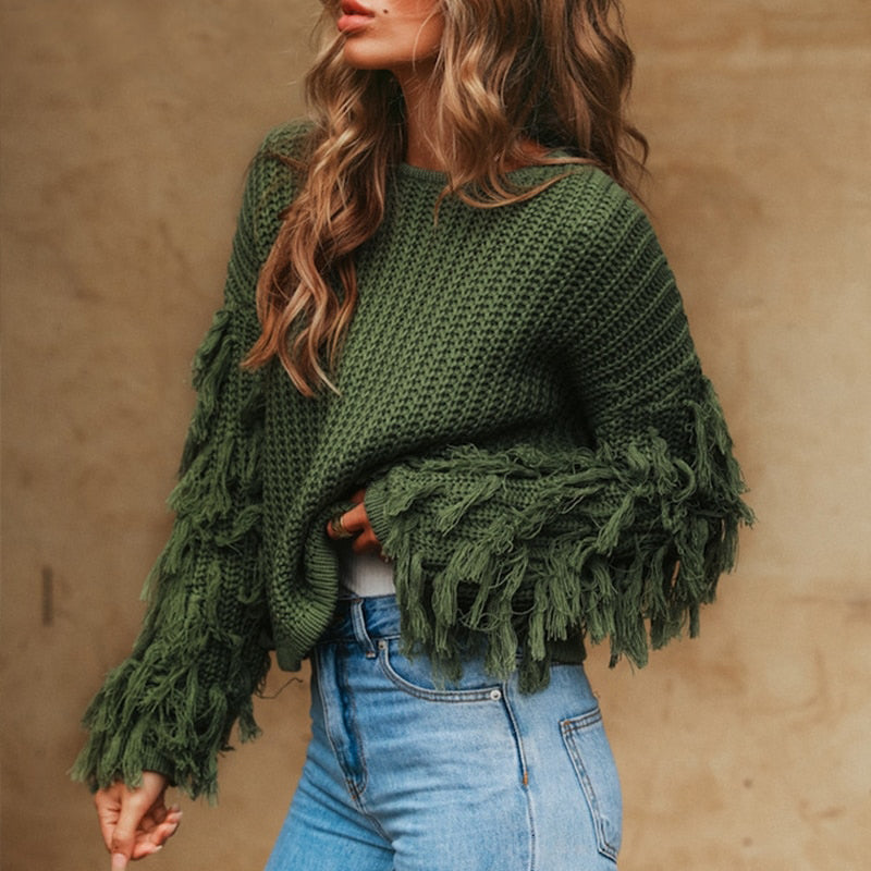 Tassel knitted sweater women pullover loose Casual army green winter sweater female O neck  autumn jumper pull femme