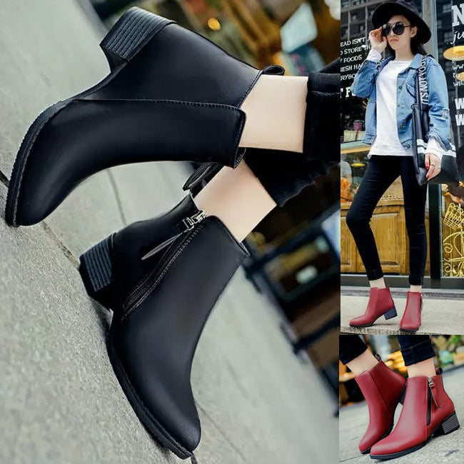 Side zipper pointed toe block heel short boots