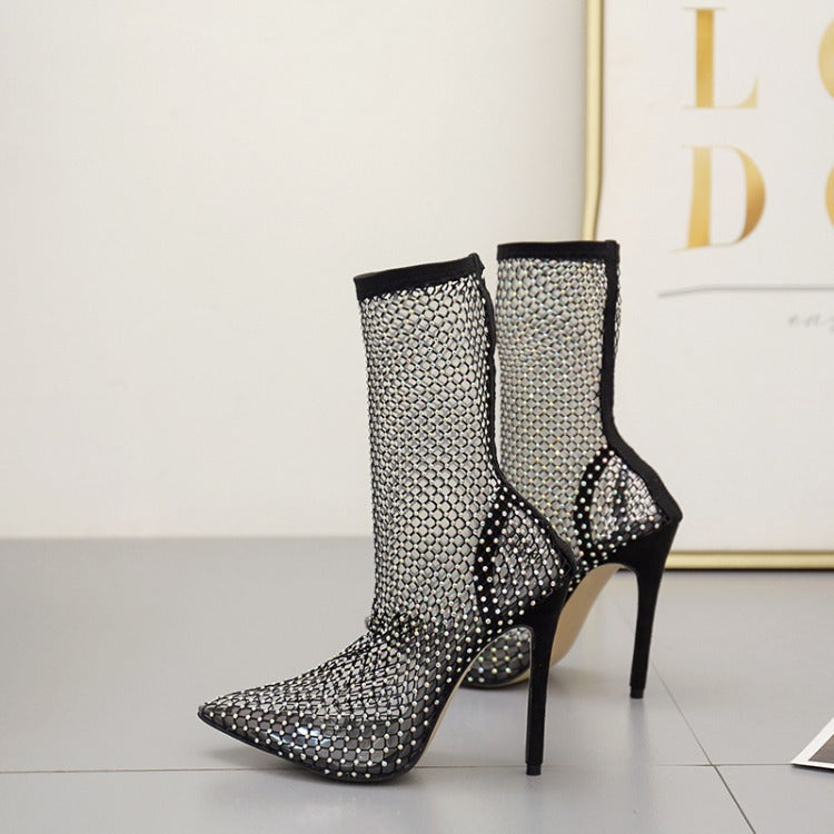 Hollow Mesh Fishnet High-heel Ankle Boots