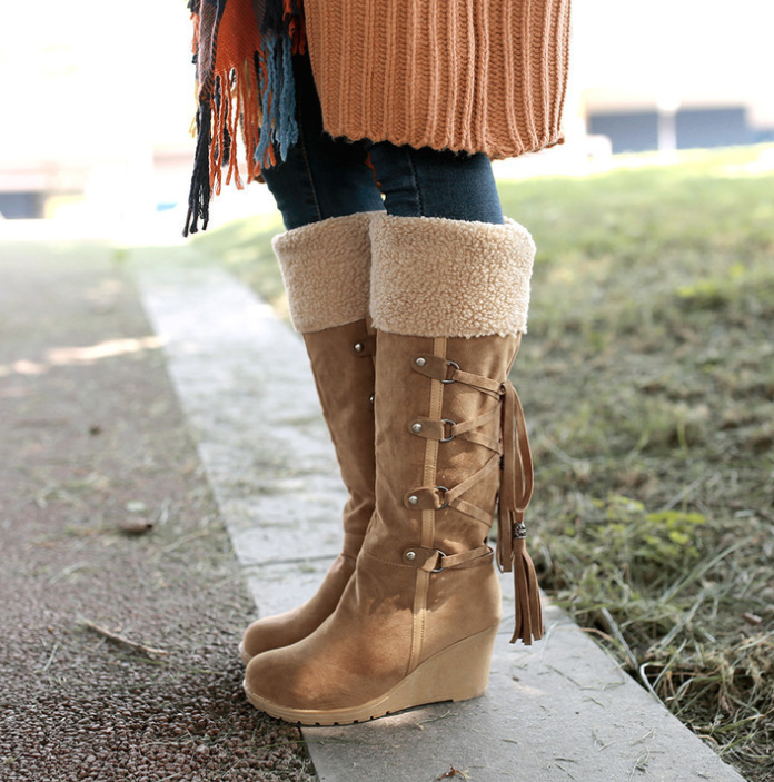 Elevate winter style with GlamStrides Knee High Wedge Boots: Warm, chic, and snow-ready in black and yellow hues.