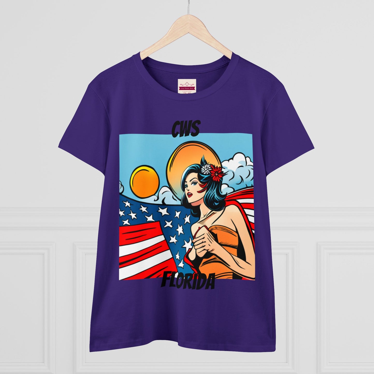 CWS Damen-T-Shirt aus mittelschwerer Baumwolle mit USA-Flagge von Cozy Winter Store (Versand nur innerhalb der USA)