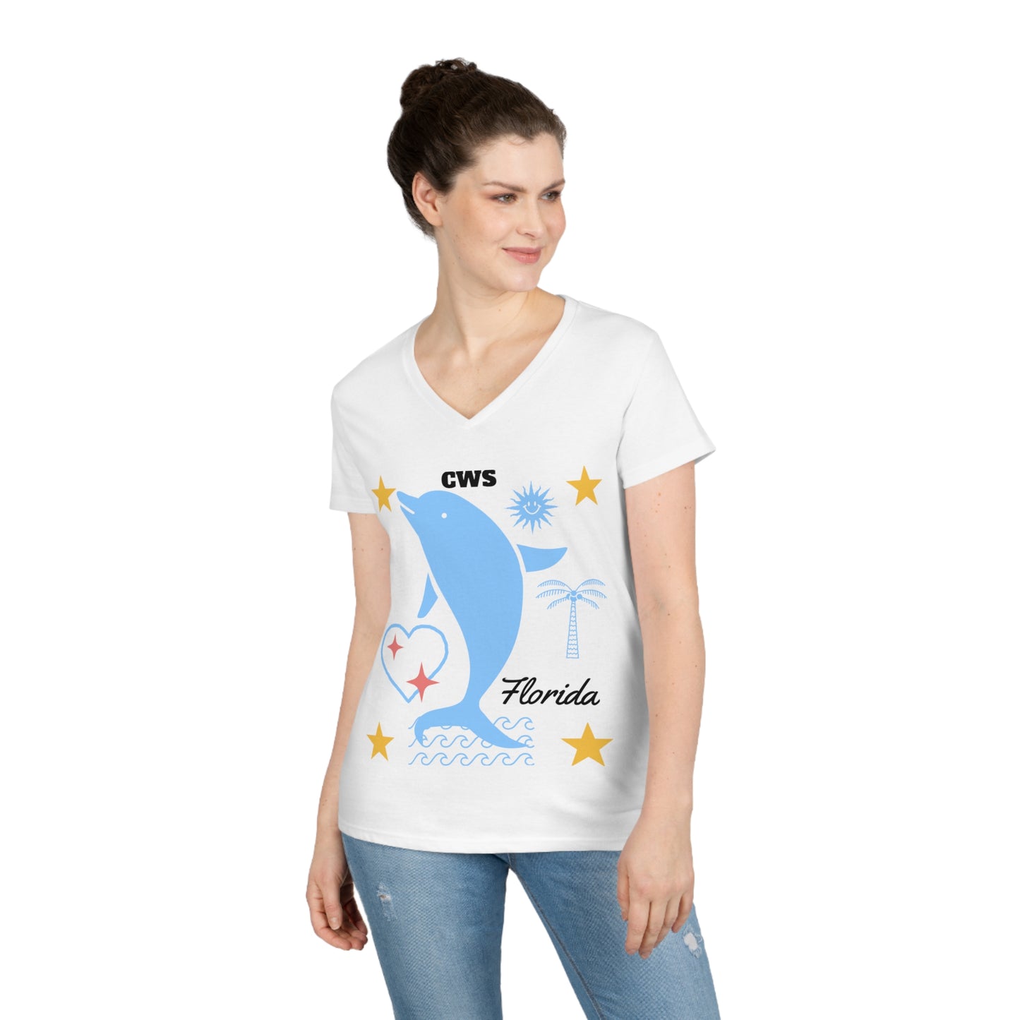 CWS Florida Dolphin Ladies' V-Neck T-Shirt By Cozy Winter Store (ships within USA only)