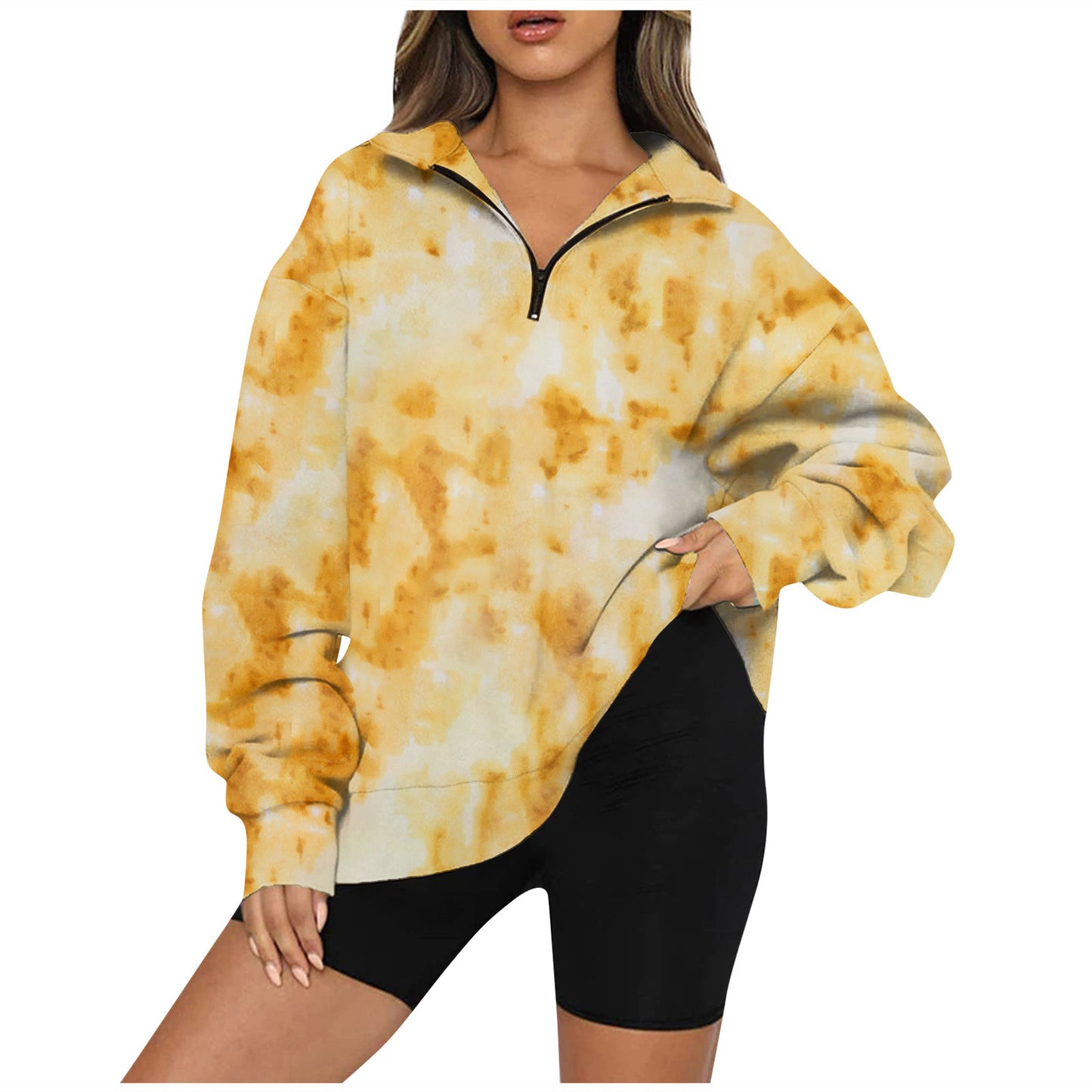 Tie-Dye Tempest: Zippered Lapels Sweatshirt - Women's Long Sleeve Loose Top