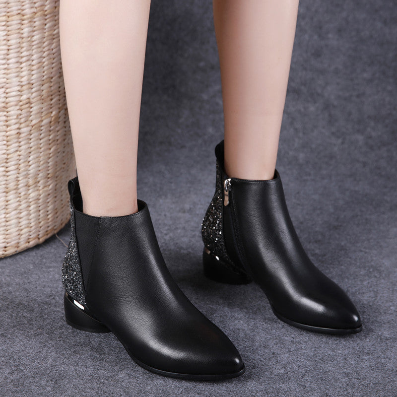 Mid-heel leather chunky heel ankle boots