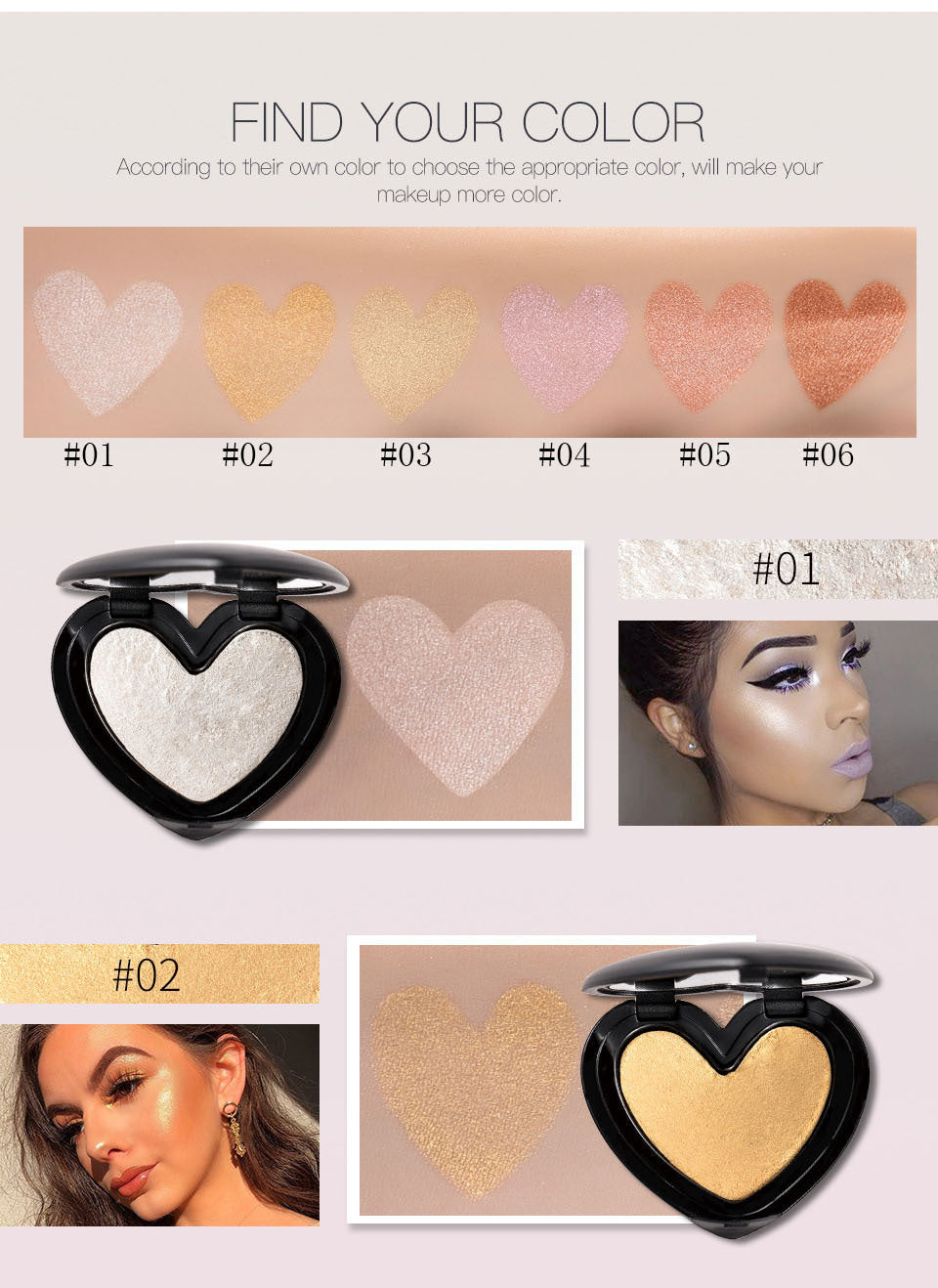 Gold Highlighter Palette Cosmetic Iluminador Face Contour Glow Makeup Bronze Powder Roze Shimmer High Lighter Heart