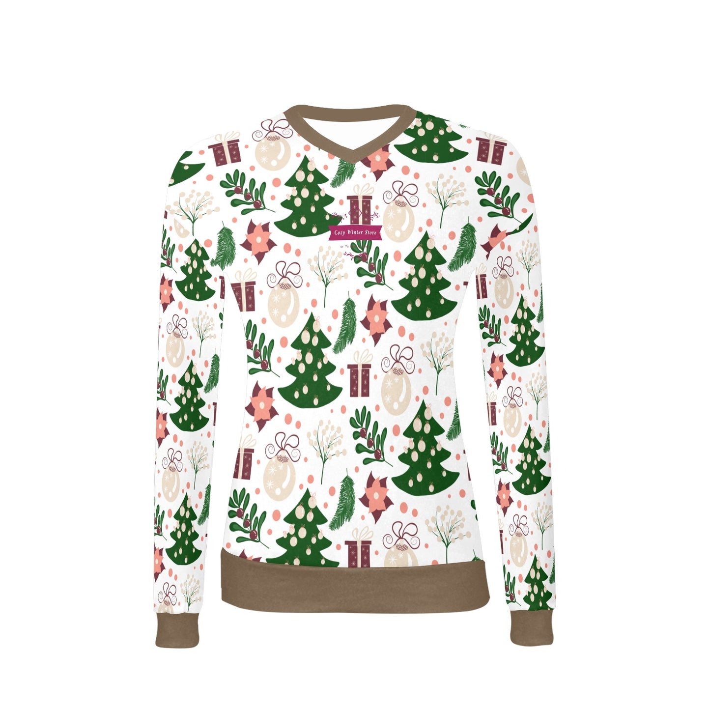 CWS Cozy Sweaters Women's All Over Print V-Neck Christmas Style Festive Sweater