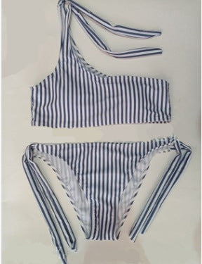 Striped slanted shoulder strap blue bikini split swimsuit two-piece suit