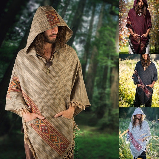 Hooded Cloak Shawl Ethnic Style Hedging Fringed Big Shawl Male