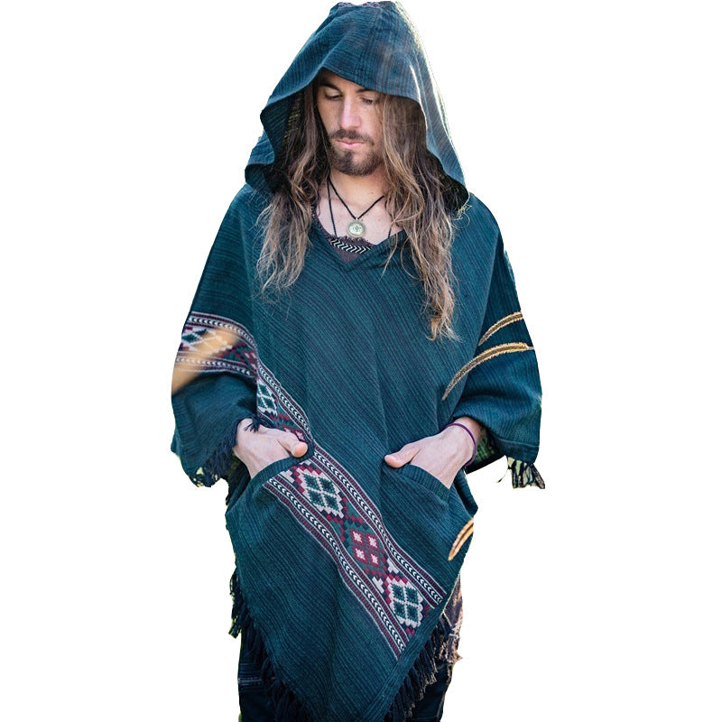 Hooded Cloak Shawl Ethnic Style Hedging Fringed Big Shawl Male