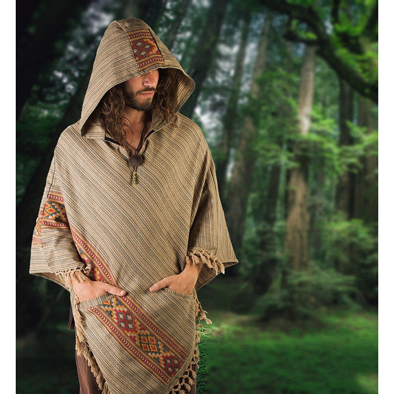 Hooded Cloak Shawl Ethnic Style Hedging Fringed Big Shawl Male