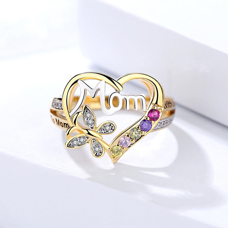 Muttertagsgeschenk Hohles Herz Englischer Buchstabe Love Mom Strass Schmetterling Fingerring Schmuck Geschenk