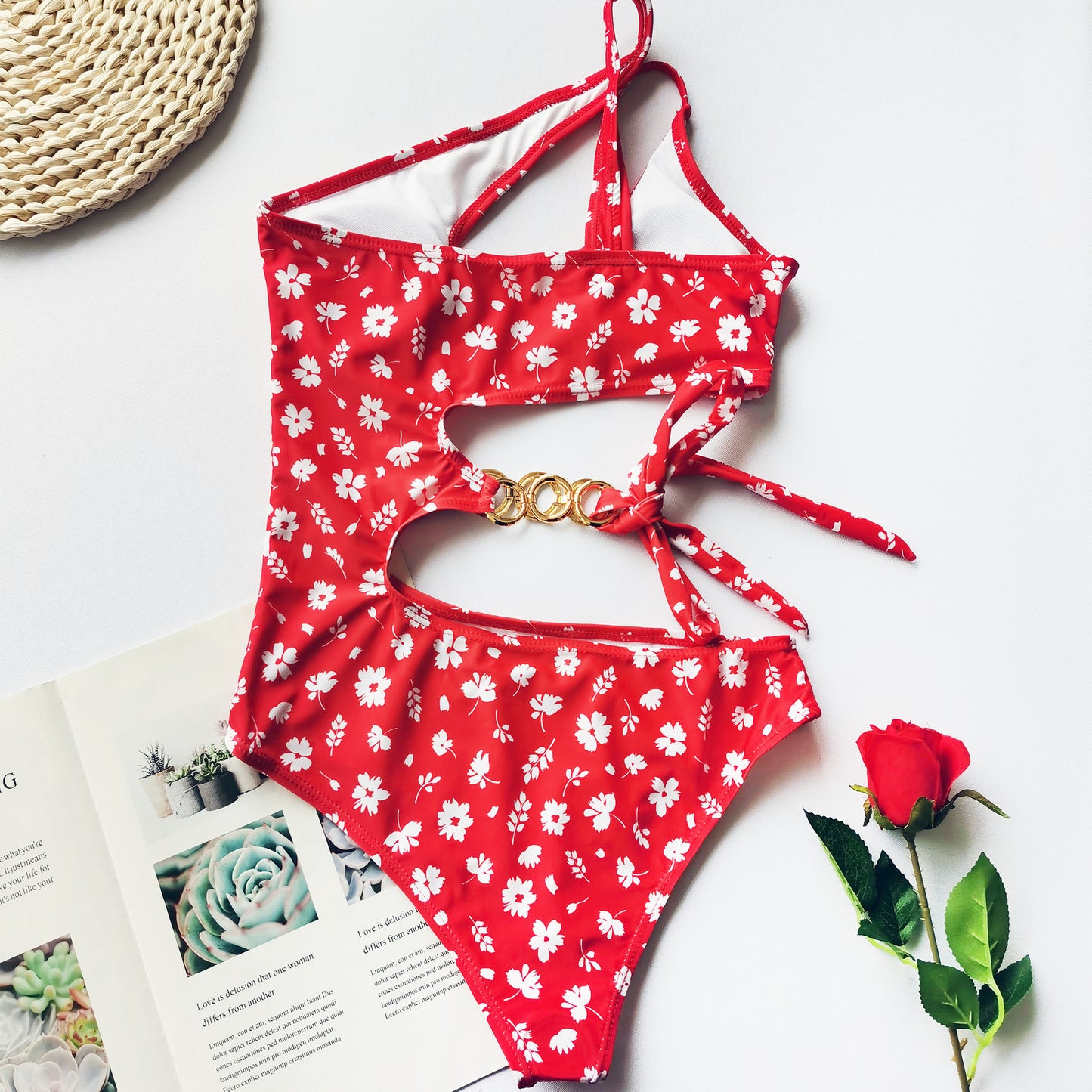 Split Small Floral One-Piece Irregular Stitching Bikini