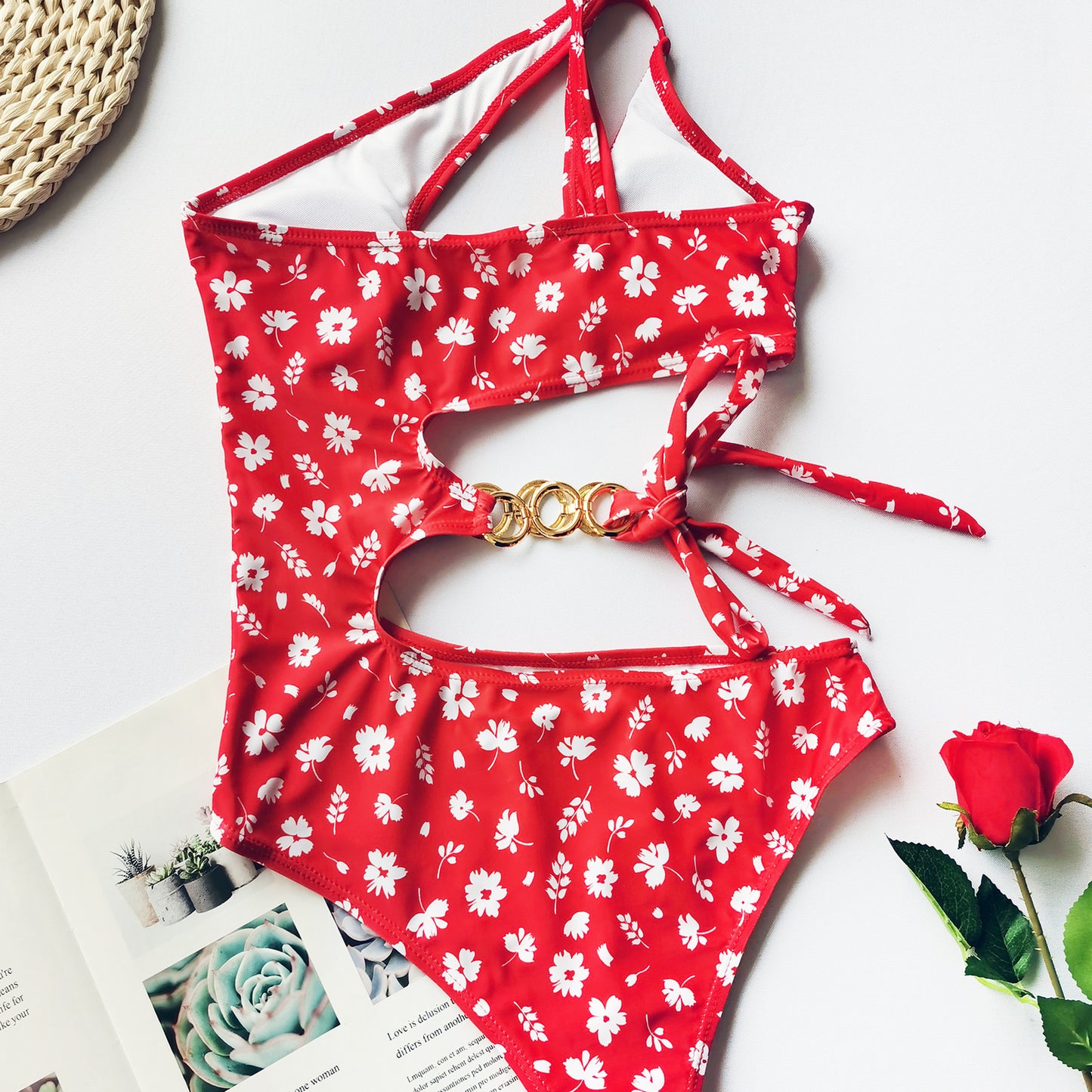 Split Small Floral One-Piece Irregular Stitching Bikini