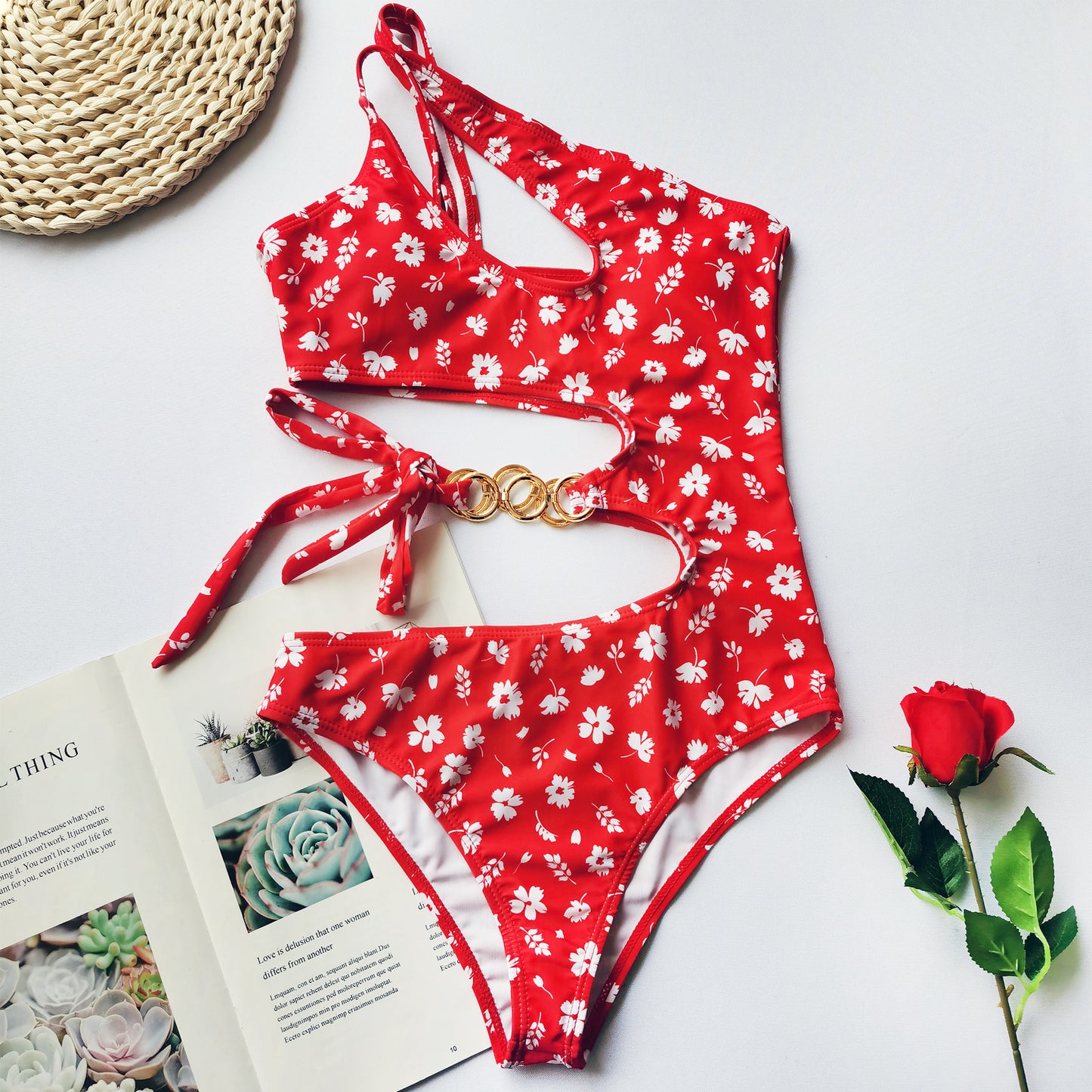 Split Small Floral One-Piece Irregular Stitching Bikini