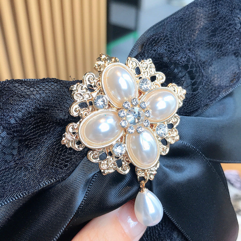 Lace Big Bow Rhinestone Pearl Streamer Brooch