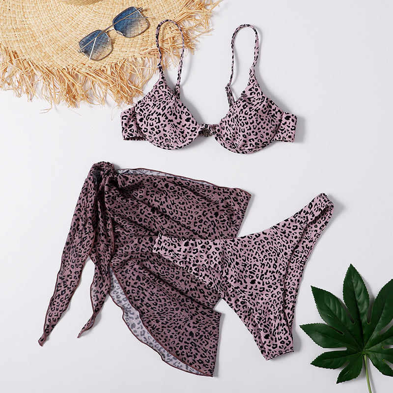 Leopard Print Skirt Three-Piece Swimsuit