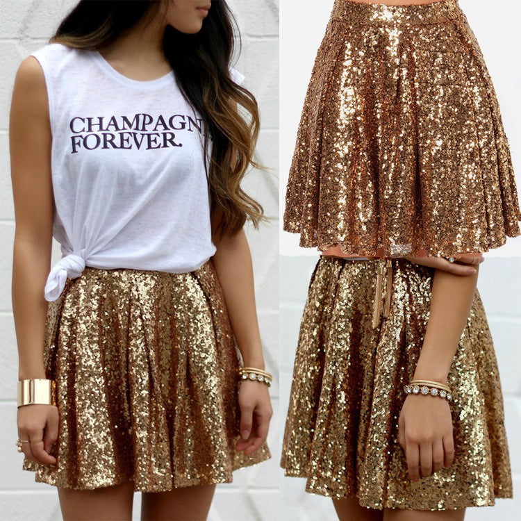 European and American Fashion Sexy Gold Sequin Skirt Pleated Skirt