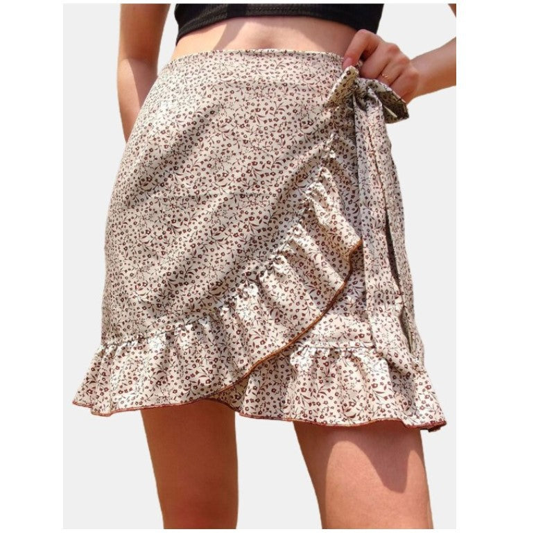 Women's High Waist Lace Up Short Skirt Ruffled Irregular Print Zipper Skirt