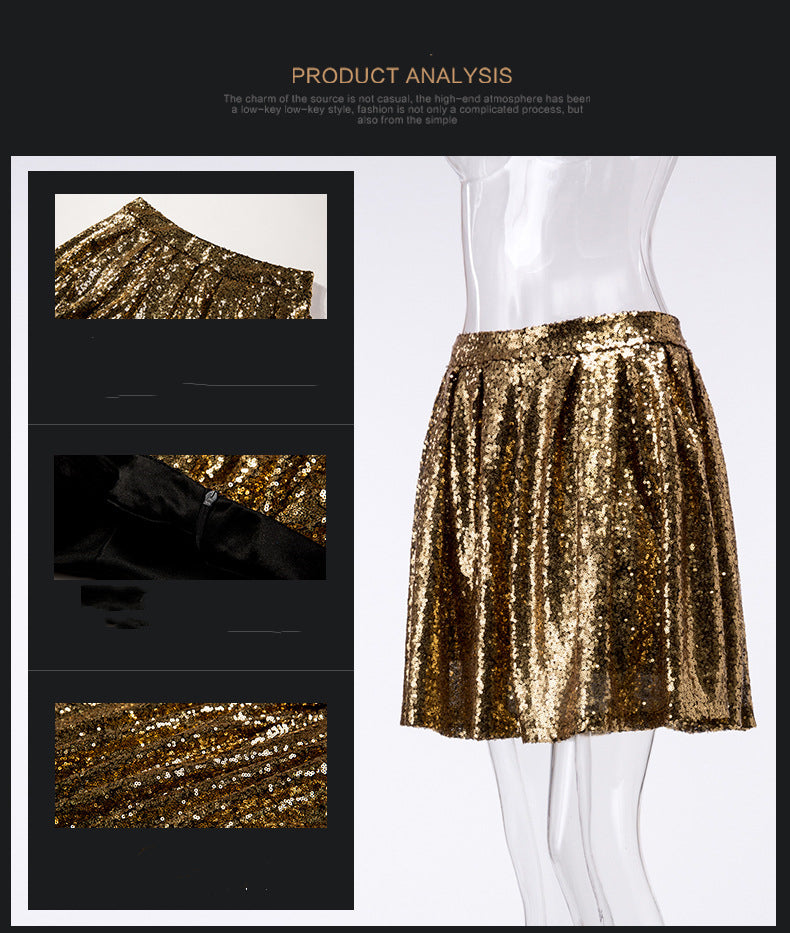 European and American Fashion Sexy Gold Sequin Skirt Pleated Skirt