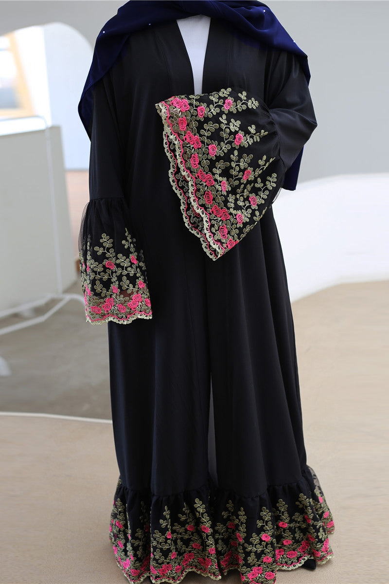 Dubai High End Clothing Gold Silk Embroidered Lace Tunic Cardigan