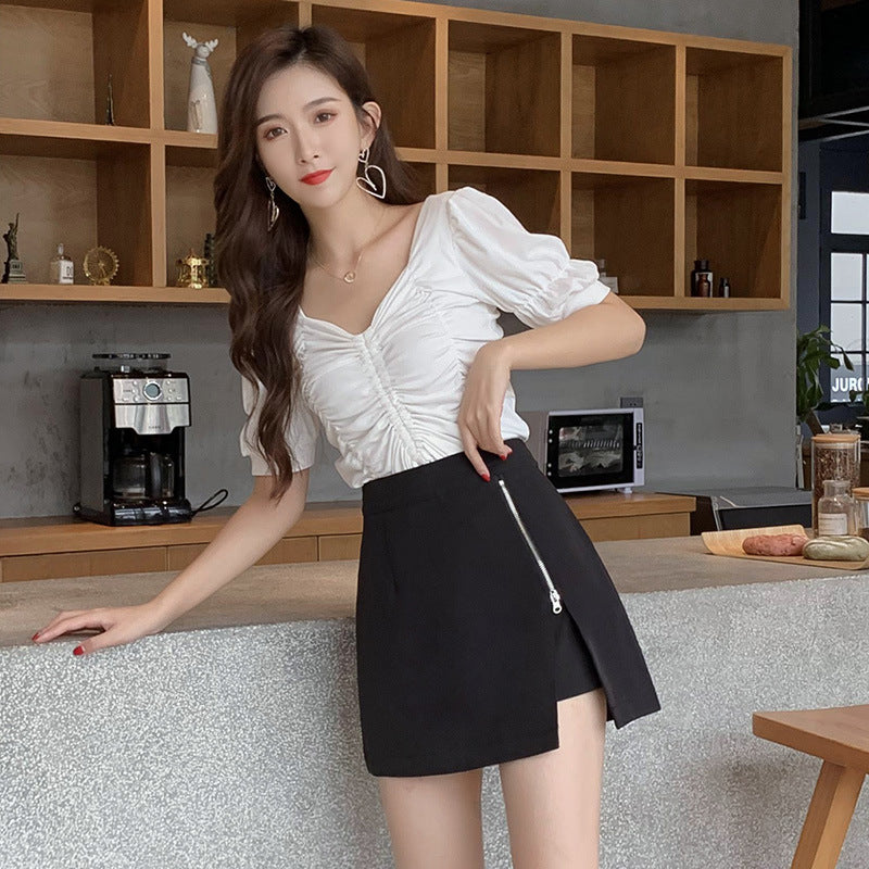 Irregular High Waist Hakama Female Summer New Side Zipper Slit OL Temperament Skirt Bag Hip A-line Skirt