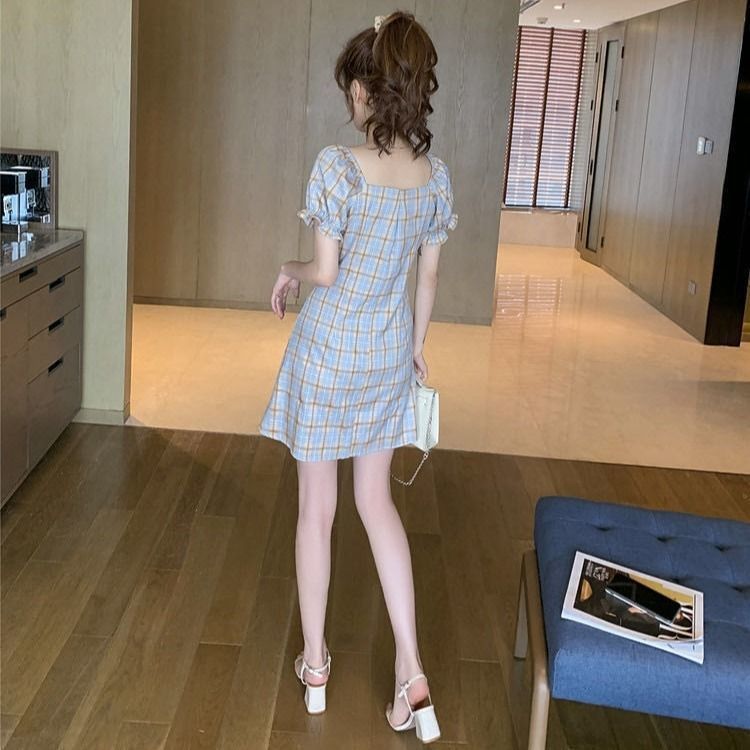 Summer New FrenchRetro Skirt Temperament Square Collar Mid-length Skirt Waist Short-Sleeved Plaid Dress Female