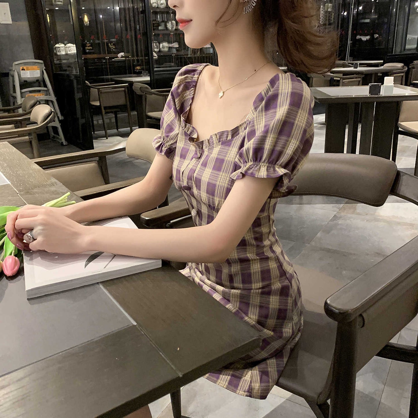 Summer New FrenchRetro Skirt Temperament Square Collar Mid-length Skirt Waist Short-Sleeved Plaid Dress Female