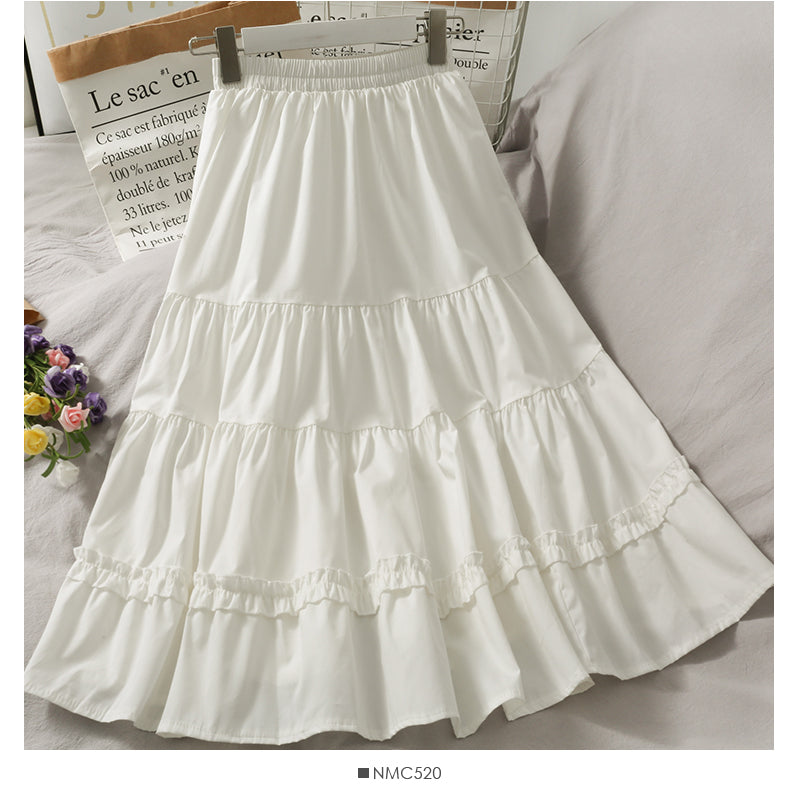 Western Style Wild Wood Ear Stitching Mid-Length A-Line Skirt Female Spring Elastic Waist Thin Solid Color Skirt