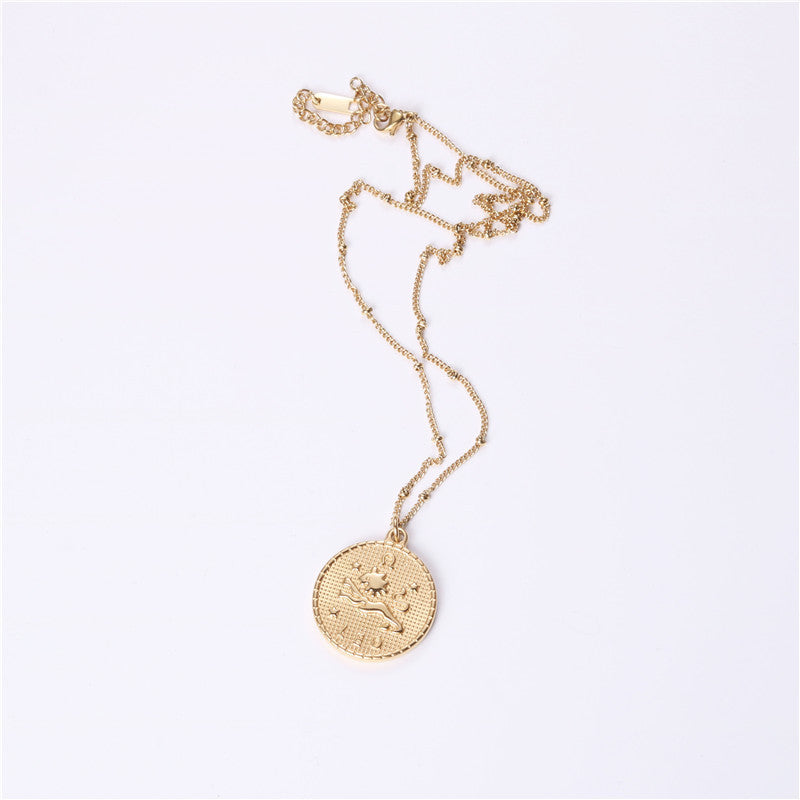 Twelve 12 Constellation Coin Necklace Female Double-sided Gold Coin Pendant Trendy Net Red Student Clavicle Chain Necklace Titanium Steel