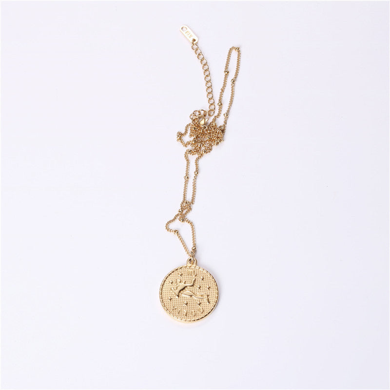 Twelve 12 Constellation Coin Necklace Female Double-sided Gold Coin Pendant Trendy Net Red Student Clavicle Chain Necklace Titanium Steel