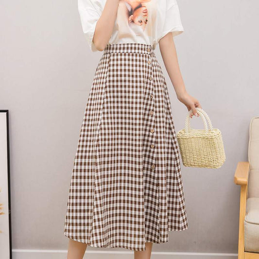 Plaid Skirt Women's High Waist Buttoned Mid Length Skirt